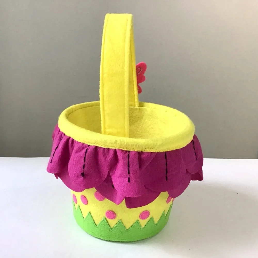 Decorative Felt Basket Bucket with Handle Butterfly Grass Flower Petals Ruffle